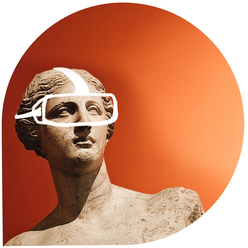 an ancient statue wears a vr headset
